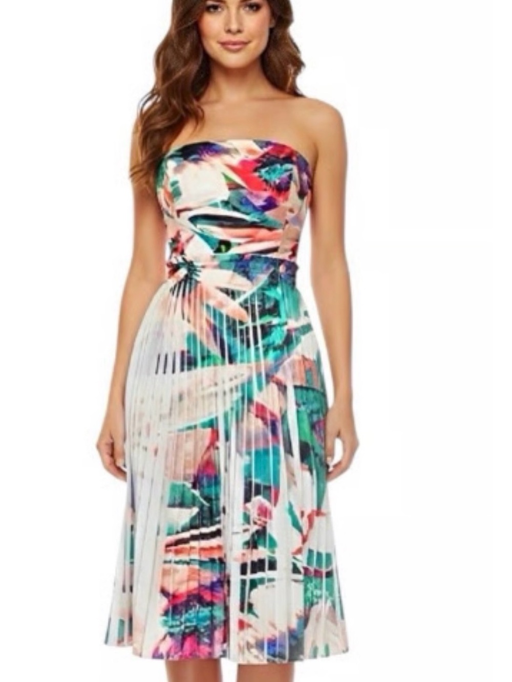 Strapless Floral Pleated Midi Dress in White Multicolor